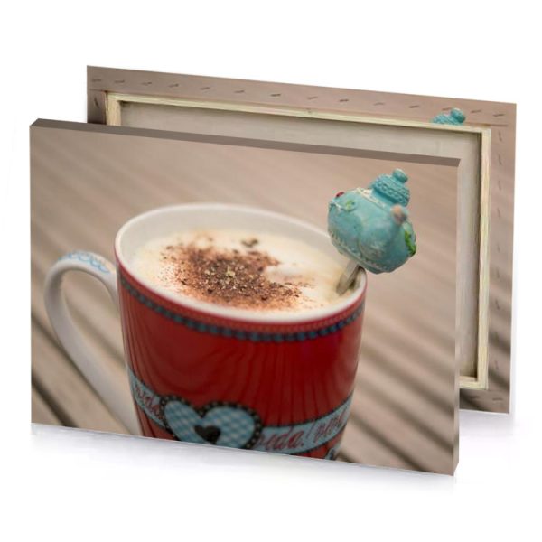 a cup of coffee with bird on top maroon canvas - Image 4