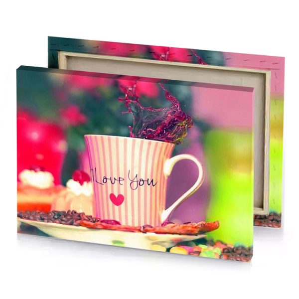 a cup with heart on it and small flower in peach canvas - Image 4