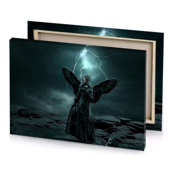 a dark angel standing on rocky hill with lightning in charcoal canvas - Image 4