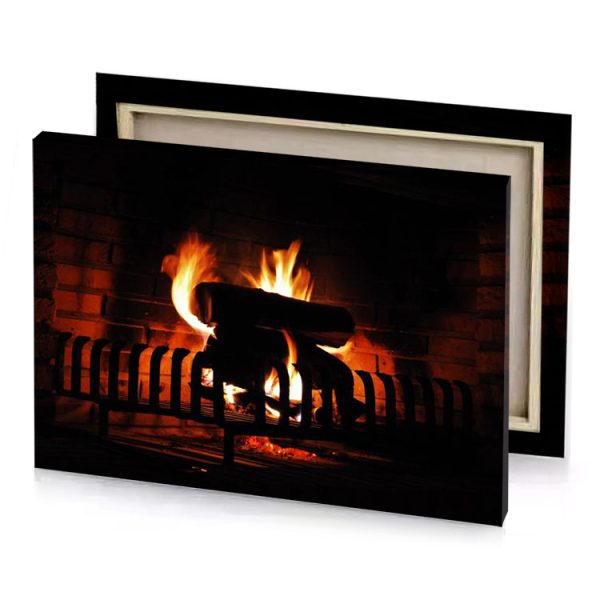 a fire burns in fireplace with wooden bench mahogany canvas - Image 4