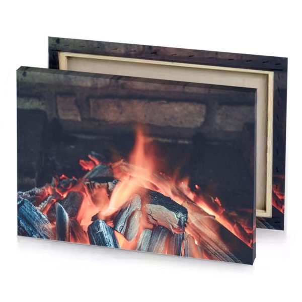 a fire is burning in brick fireplace light coral canvas - Image 4
