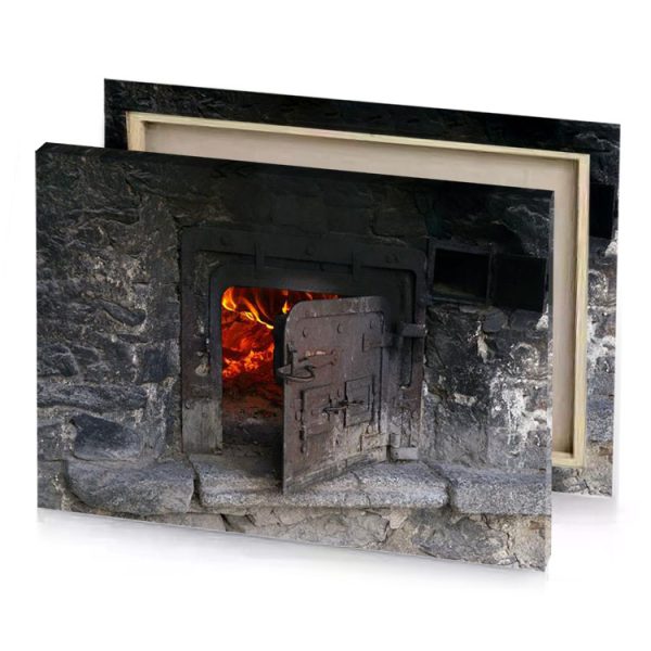 a fire is burning in stone oven maroon canvas - Image 4