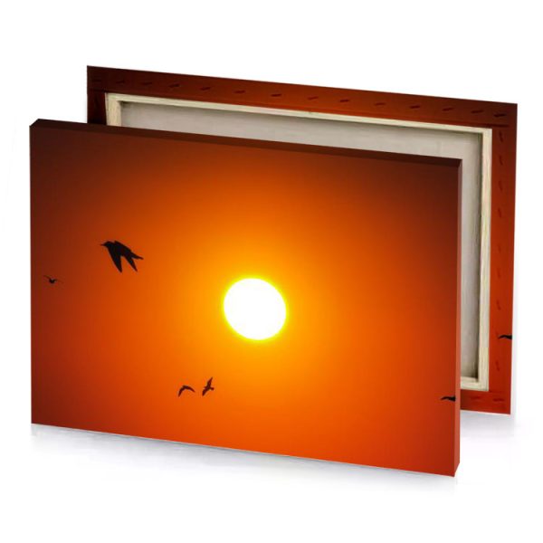 a flock of birds flying in front setting sun tangerine canvas - Image 4