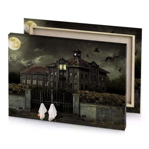 a ghostly ghost walking in front of haunted house dark olive green canvas - Image 4