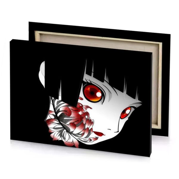 a girl with red eyes and flower in her hair burgundy canvas - Image 4