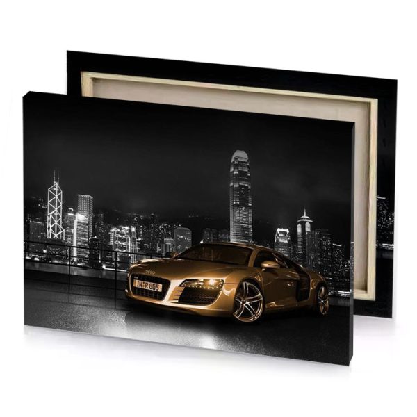 a gold sports car parked in front of city skyline zinnwaldite brown canvas - Image 4