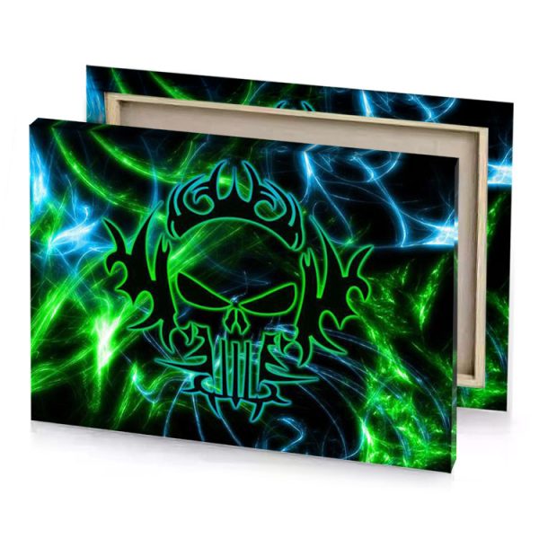 a green and blue skull with flames in the background forest canvas - Image 4