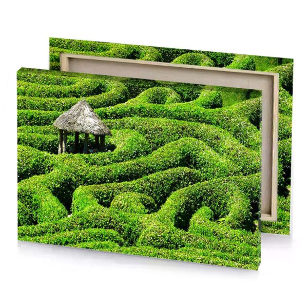 a green hedge maze with thatched hut in the middle zinnwaldite brown canvas - Image 4