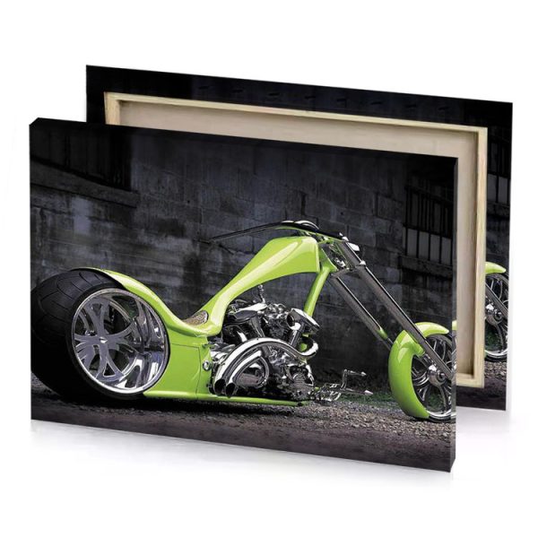 a green motorcycle parked in front of building pale golden rod canvas - Image 4