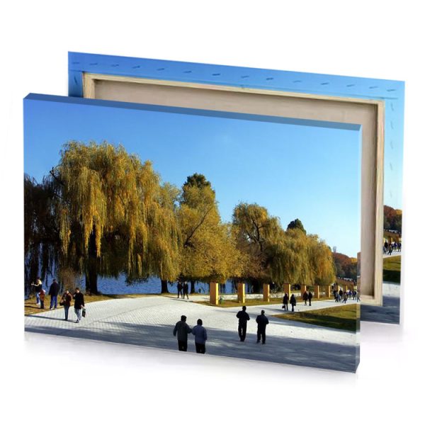 a group of people walking down path next to lake sienna canvas - Image 4