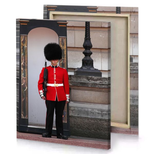 a guard in red uniform stands front of building firebrick canvas - Image 4