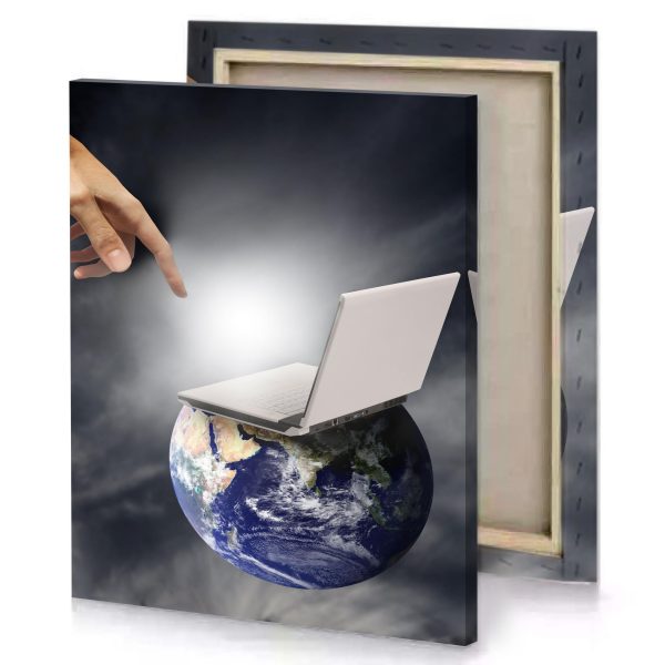 a hand reaching out to laptop on top of globe silver canvas - Image 4