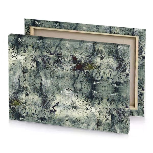a large abstract painting with black and white paint dim gray canvas - Image 4