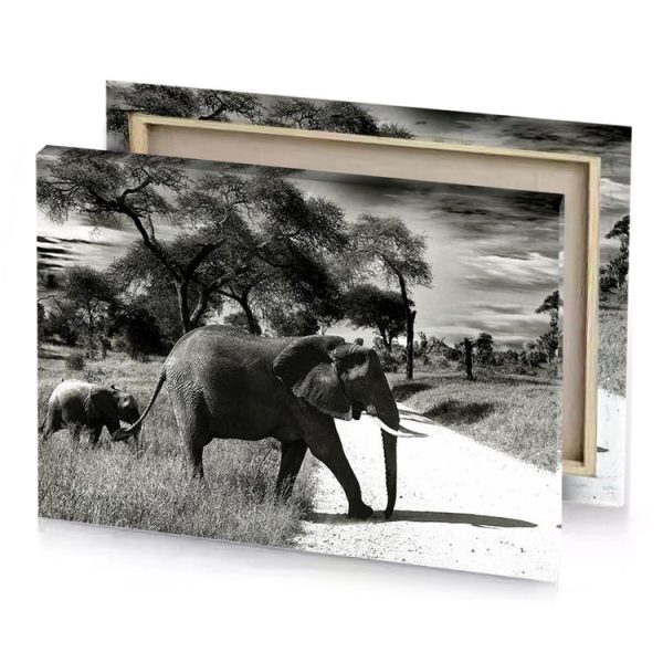 a large elephant walking down dirt road smoky black canvas - Image 4