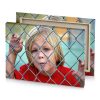a little girl behind fence looking at the camera dark red canvas - Image 4