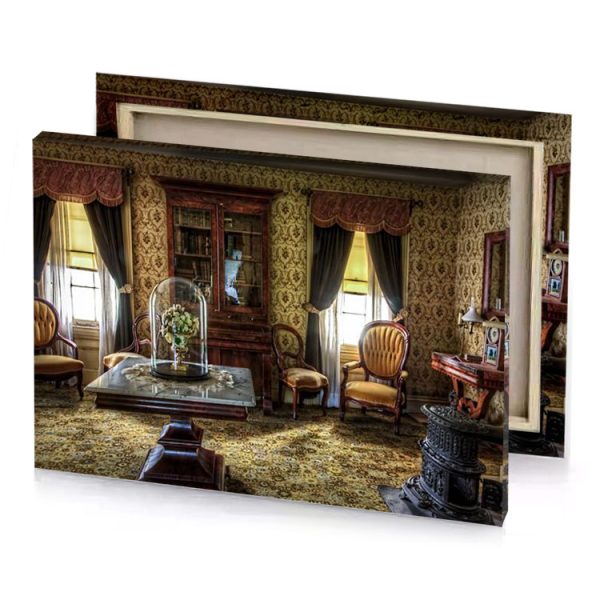 a living room with fireplace and large rug dark khaki canvas - Image 4