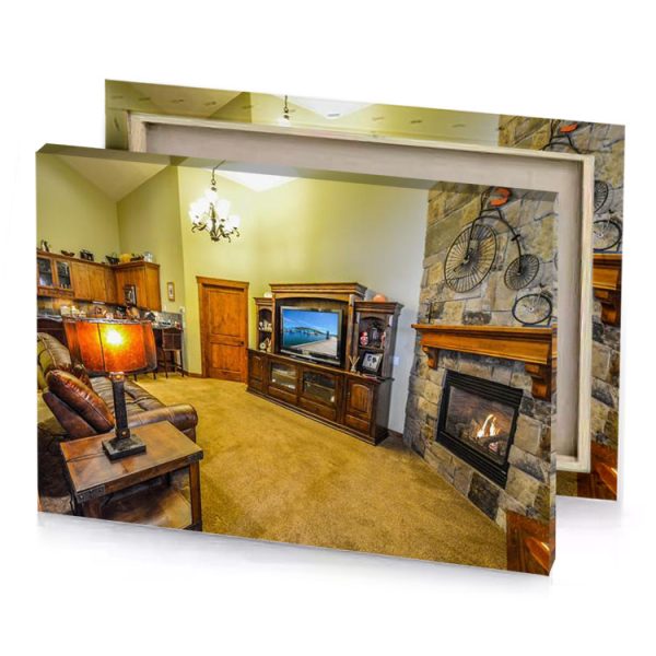 a living room with fireplace and tv bronze canvas - Image 4