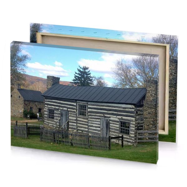 a log cabin with black roof and fence charcoal canvas - Image 4