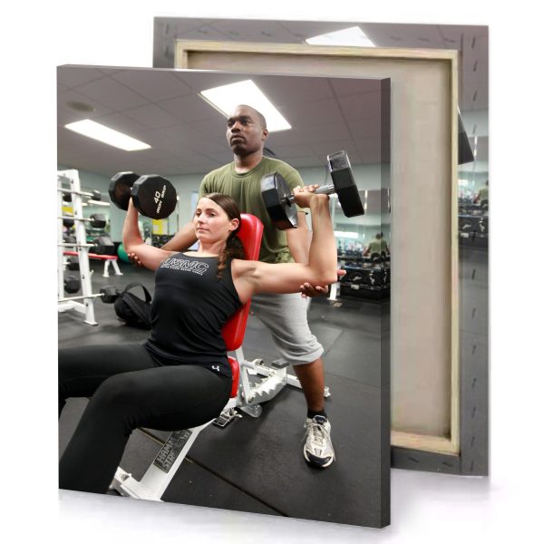 a man and woman are doing bench press camouflage green canvas - Image 4
