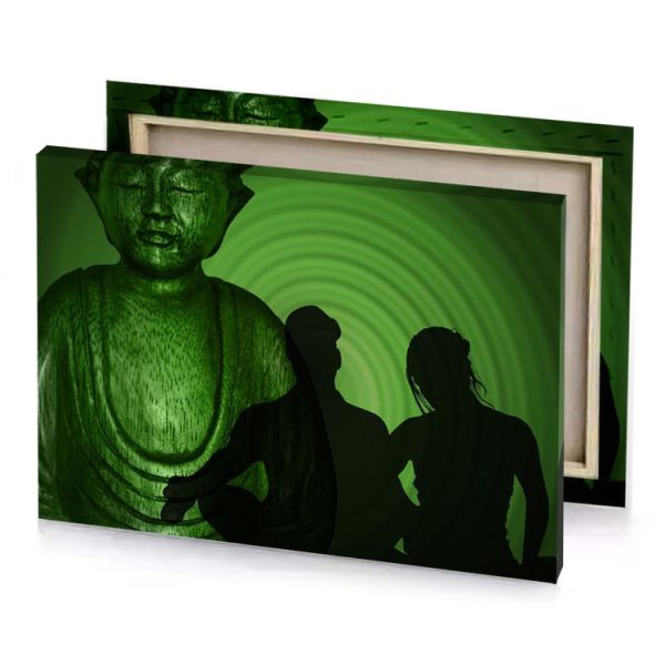 a man and woman are standing next to statue olive drab canvas - Image 4