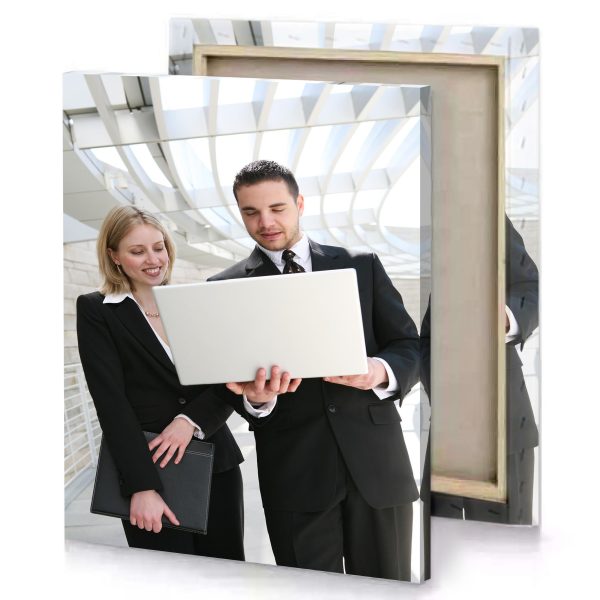 a man and woman in suits holding laptop white smoke canvas - Image 4