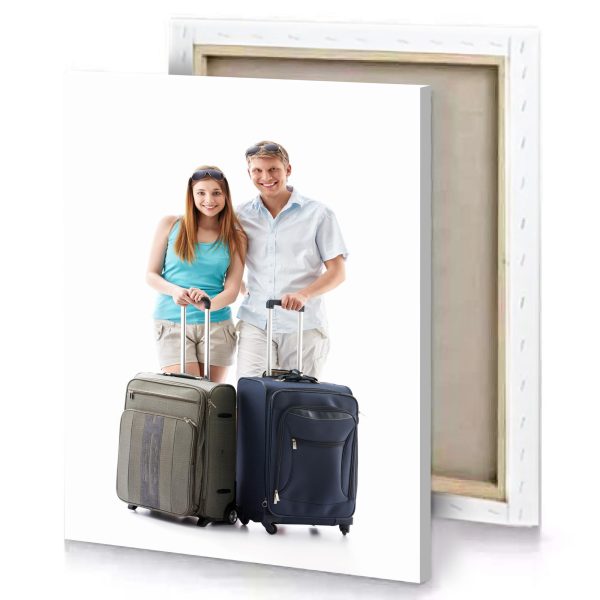 a man and woman standing next to suitcase white smoke canvas - Image 4