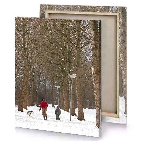 a man and woman walking dog through snowy park dark olive green canvas - Image 4