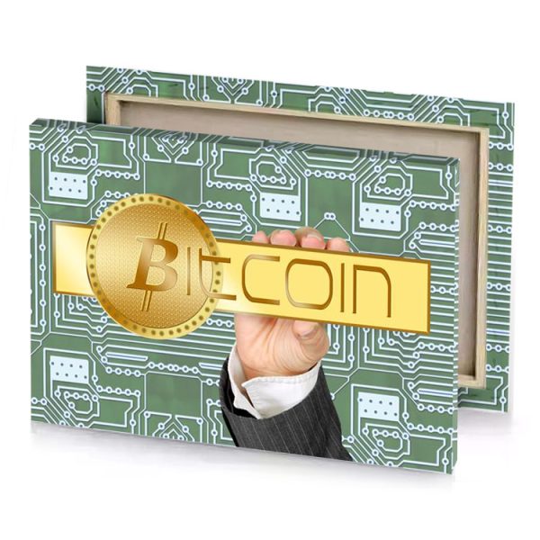 a man holding golden bit coin khaki canvas - Image 4