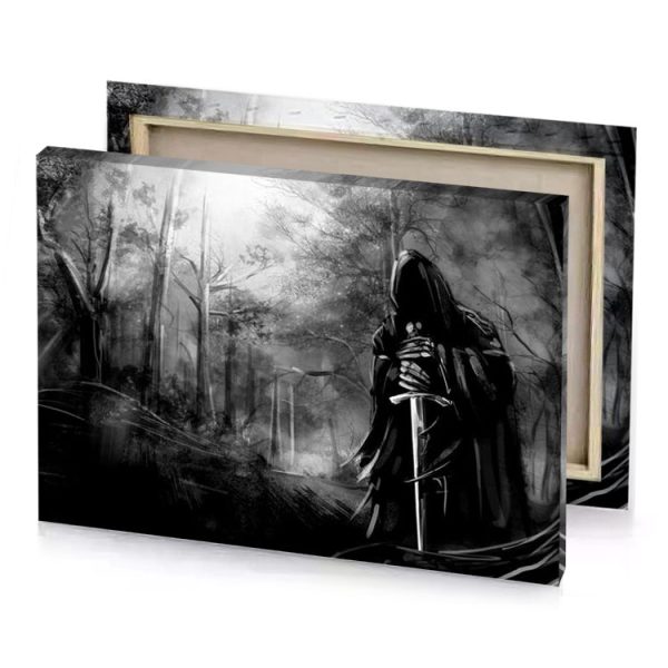 a man in black robe standing the woods gray canvas - Image 4