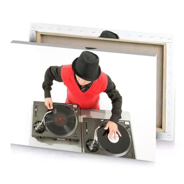 a man in red shirt and black hat playing turntable vermilion canvas - Image 4