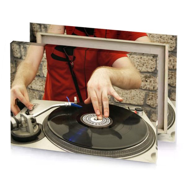 a man in red shirt is playing record burgundy canvas - Image 4