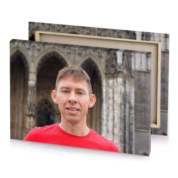 a man in red shirt standing front of church radical canvas - Image 4