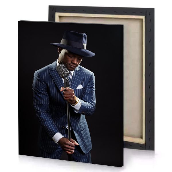 a man in suit and hat is holding microphone smoky black canvas - Image 4