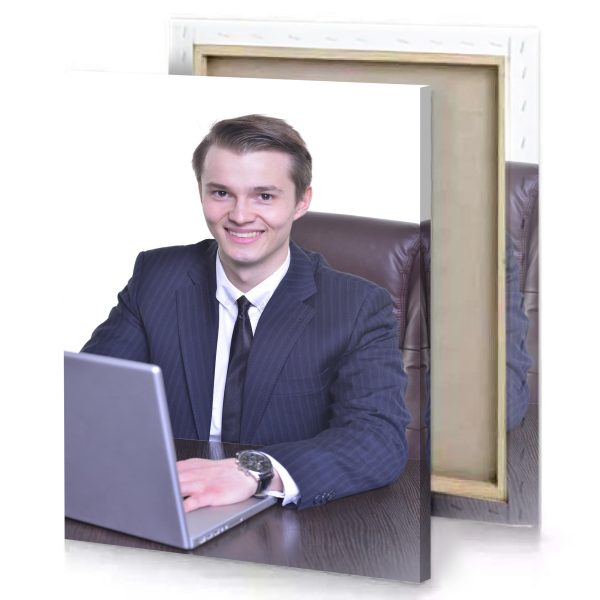 a man in suit sitting at desk with laptop dark slate blue canvas - Image 4