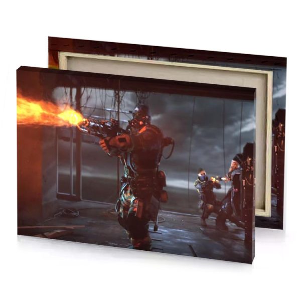 a man in suit with gun front of fire dim gray canvas - Image 4
