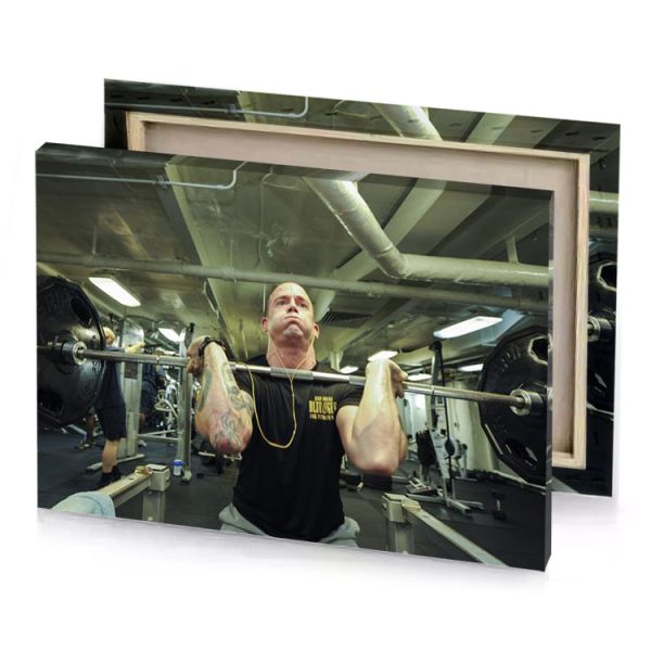 a man is doing squat exercise on bench tan canvas - Image 4