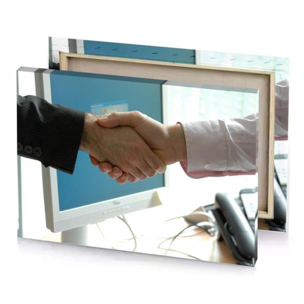 a man shaking hands with another person in front of garnet canvas - Image 4