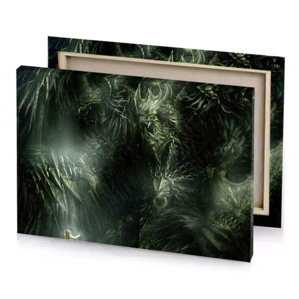 a man standing in front of giant monster hunter green canvas - Image 4
