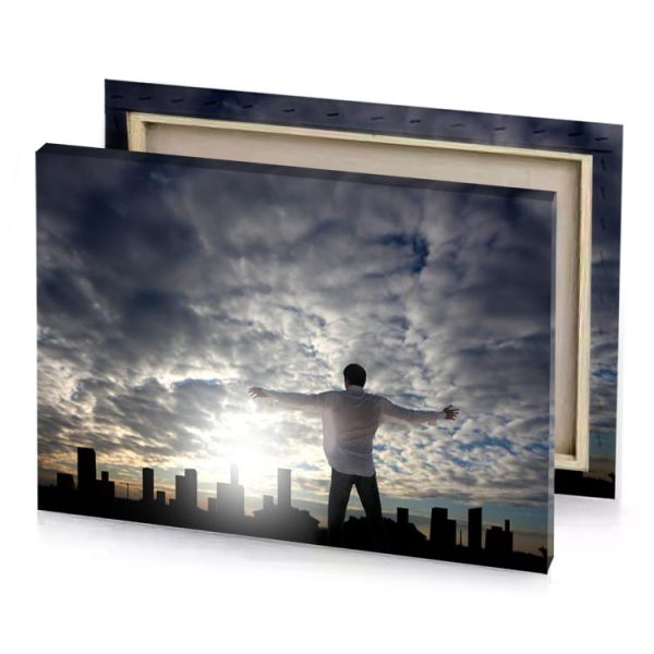 a man standing on roof with his arms outstretched silver canvas - Image 4
