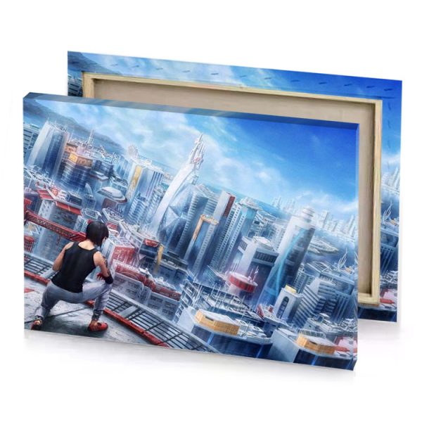 a man standing on top of building looking at city light steel blue canvas - Image 4