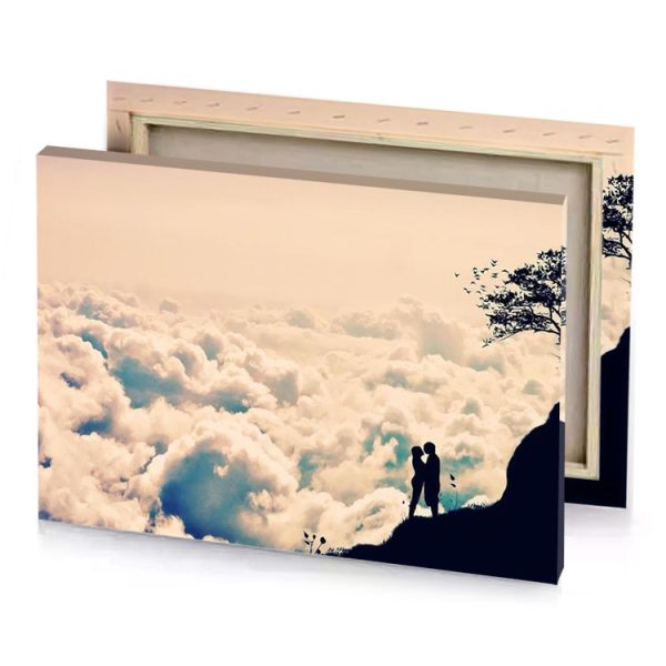 a man standing on top of mountain peach puff canvas - Image 4