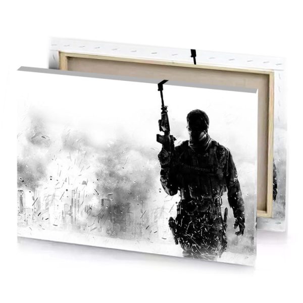 a man with gun walking through field smoky black canvas - Image 4