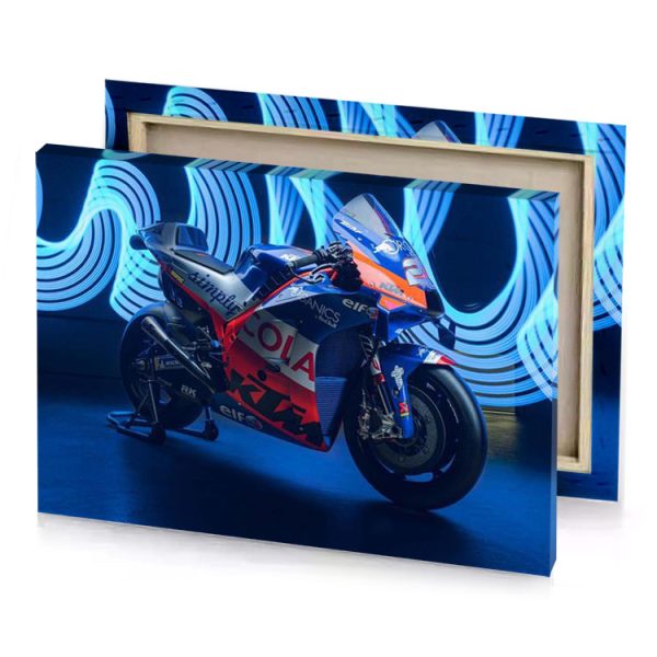 a motorcycle parked in front of wall with neon lights smoky black canvas - Image 4