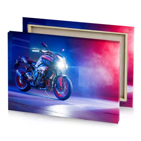 a motorcycle parked in parking with red lights royal blue canvas - Image 4