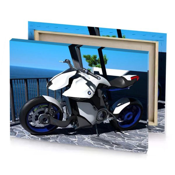 a motorcycle parked on the side of road white smoke canvas - Image 4
