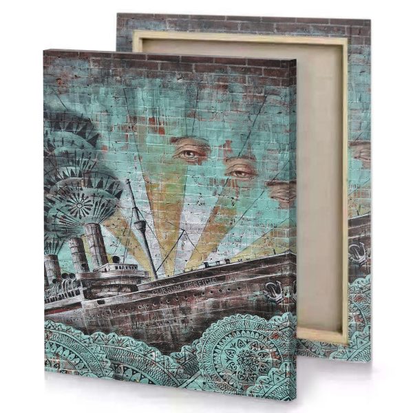 a painting of ship on brick wall rosy brown canvas - Image 4