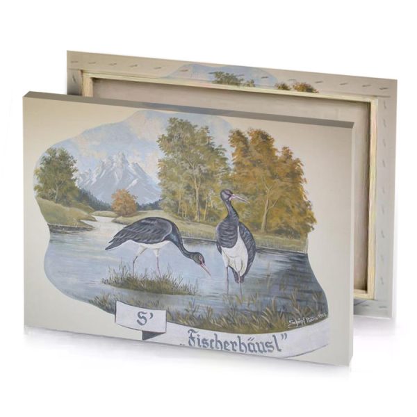 a painting of two birds standing in lake mountbatten pink canvas - Image 4
