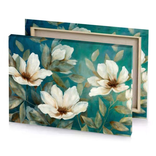 a painting of white flowers on blue background silver canvas - Image 4