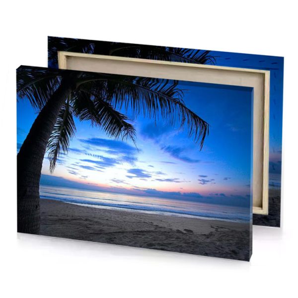 a palm tree on the beach at sunset light sky blue canvas - Image 4