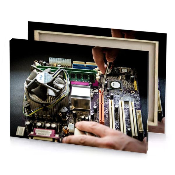 a person is holding small fan over motherboard white smoke canvas - Image 4